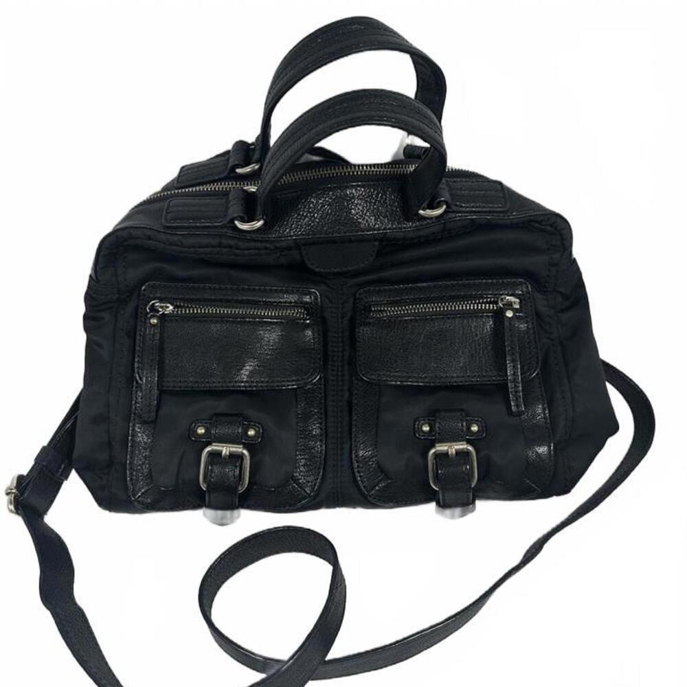 BANANA REPUBLIC Black Goat Leather Nylon Shoulder Satchel Bag Front Pockets